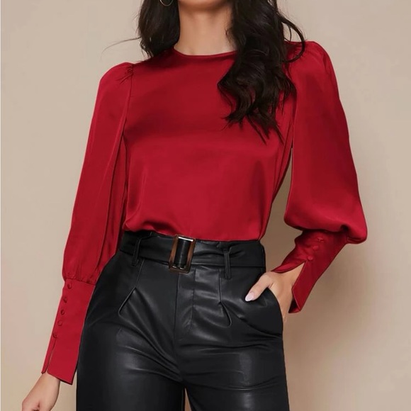 Luxe button cuff lantern sleeve satin blouse - Picture 2 of 13